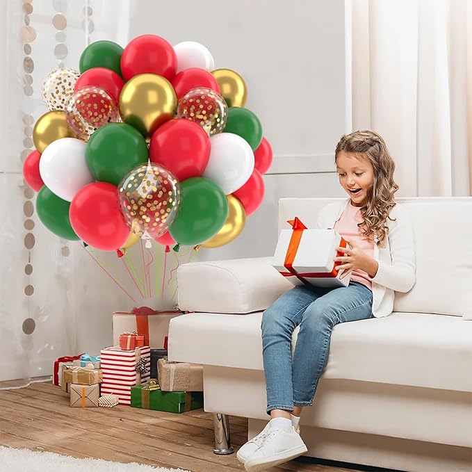 Patimate Red and Green Christmas Balloons Set, 50 pcs 12 inch Metallic Gold Green Red White Confetti Latex Balloons Kit for Christmas Grinch Birthday Party Decorations
