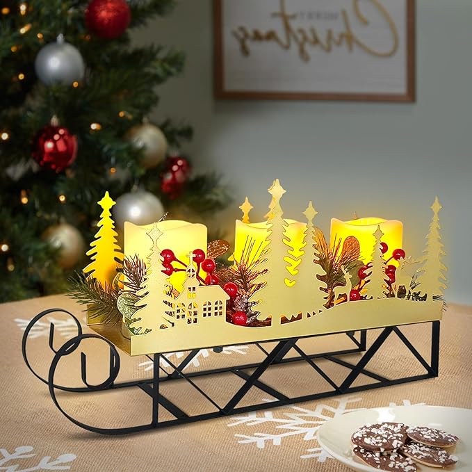 Christmas Sleigh Centerpiece Table Decorations with Flickering Led Candle Lights Xmas Sleigh Silhouette Candelabrum for Dinning Room, Table, Fireplace, Mantel Holiday Decoration