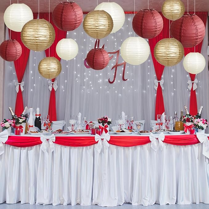 Paper Lanterns Party Decorations, Round Hanging Paper Lanterns Decorations for Graduation Bachelorette Wedding Birthday Party Supplies Maroon/Gold/Ivory 15pcs