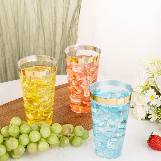 I00000 16 oz Gold Plastic Cups, 100 Pack Clear Plastic Cups Tumblers Gold Rimmed Cup, Heavy-duty Disposable Cup Perfect for Halloween, Thanksgiving and Christmas Parties