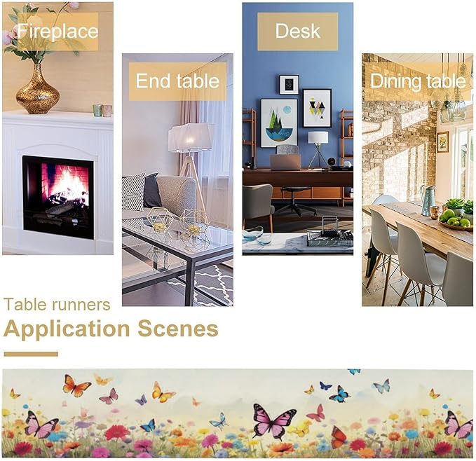 Butterfly Table Runner, Wildflowers Floral Butterfly Table Decoration Seasonal Spring Summer Home Kitchen Dining Table Indoor Outdoor Farmhouse Decor 13x120 Inch