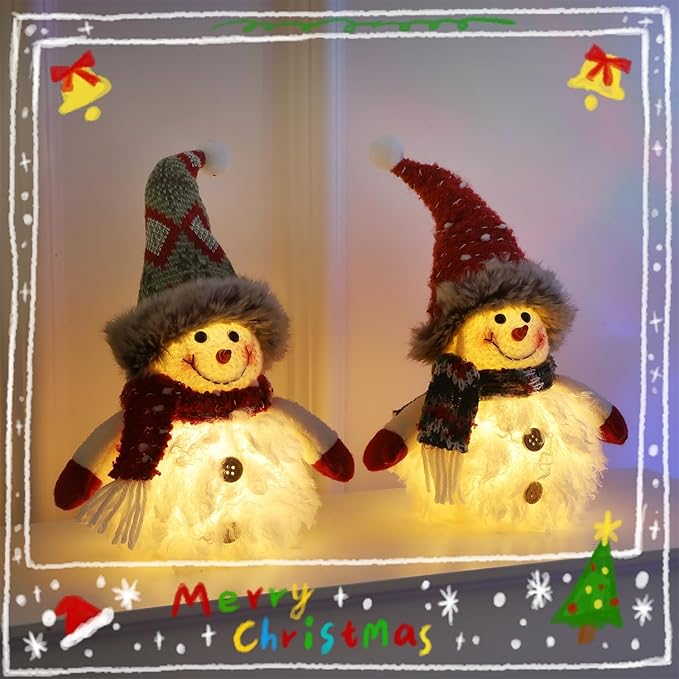 Juegoal 2 Pack Christmas Table Decorations, 10 Inch Lighted Plush Snowmen Figurines, Light Up Snowman Holiday Present, Battery Operated Xmas Gifts Tabletop Ornaments Dinner Party Supplies, Brown Brim