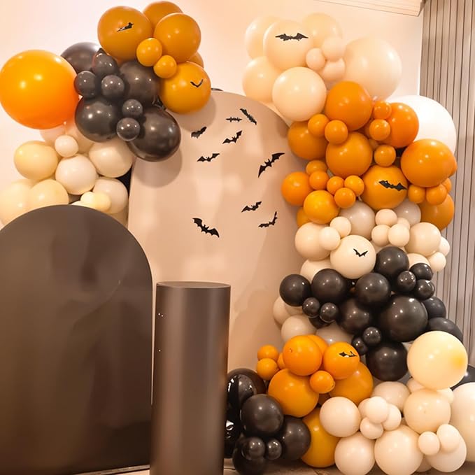 Halloween Balloon Arch Garland Kit, Black Ivory White Burnt Orange Spider Star Foil Balloons with 3D Bat Stickers for Halloween Baby Shower Party Decorations Cosplay Theme Party