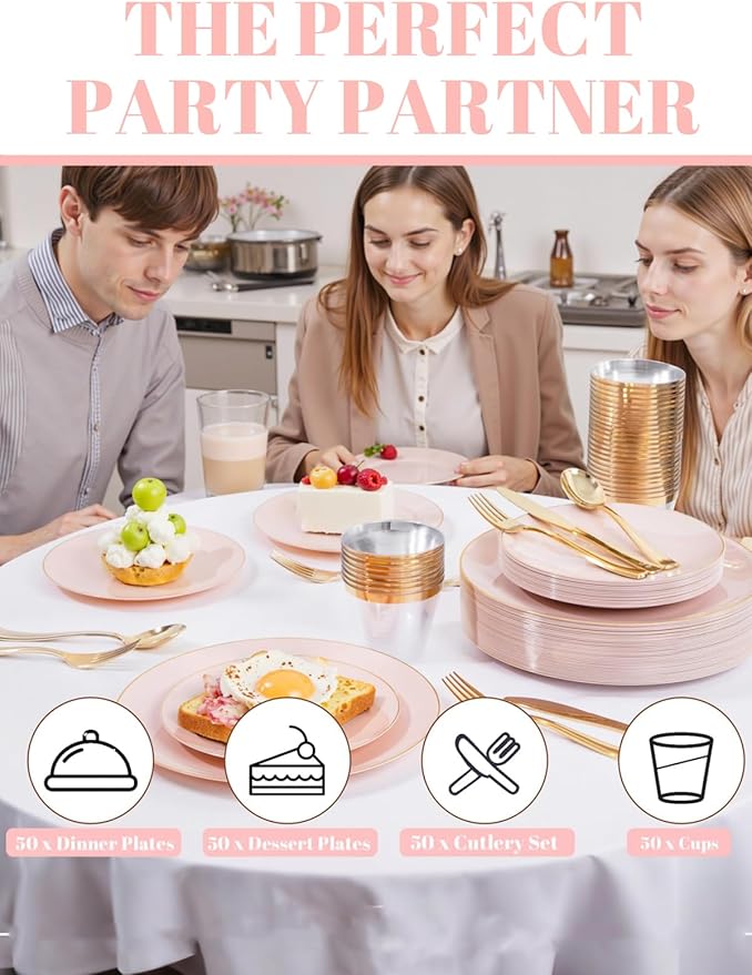 WDF 300Pcs Pink Plates Disposable - Pink and Gold Plastic Dinnerware Set for 50 Guests Include 50 Dinner & Cake Plates, 50 Disposable Cutlery, 50 9oz Cups for Wedding & Party & Baby Shower