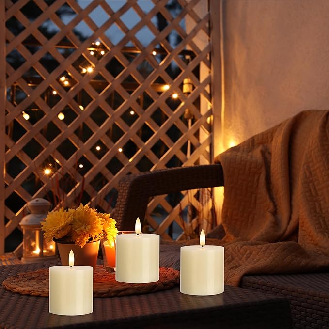Ivory Flameless Candles Set of 3, 3x3 Real Wax Battery Operated Candles with Remote and Timer, LED Pillar Candles Elegant Flickering Light for Wedding Table Centerpiece, Valentine Home or Gift