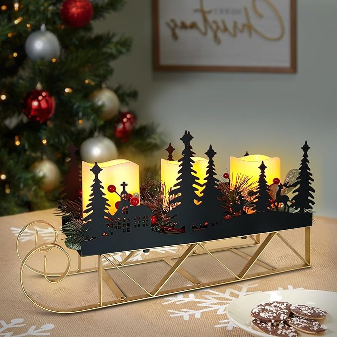 Christmas Centerpiece Table Decorations with Flickering Led Candle Lights Xmas Sleigh Silhouette Candelabrum for Dinning Room, Table, Fireplace, Mantel Holiday Decoration