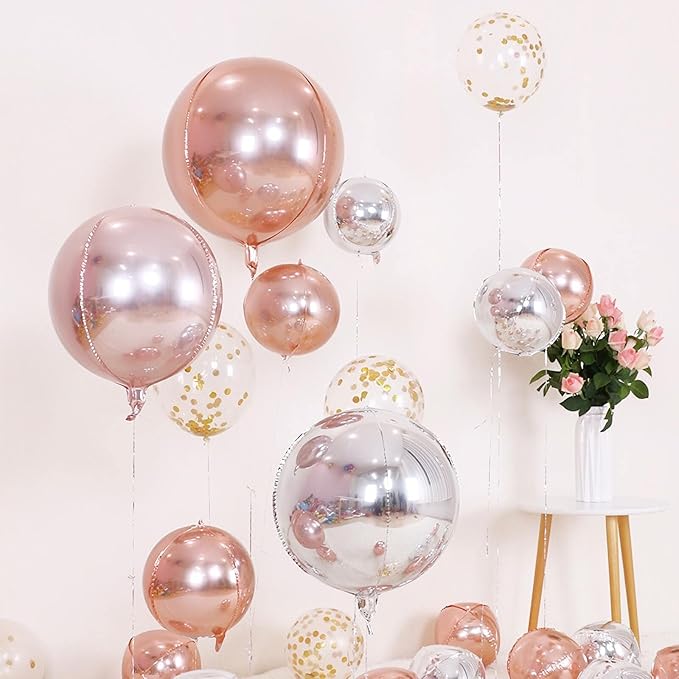 6 Pack Rose Gold 22 Inch 4D Foil Balloons Big 360 Degree Round Sephere Mylar Balloons Mirror Finish Metallic Balloons for Wedding,Birthday,Bachelorette,Baby Shower Decorations Party Supplies