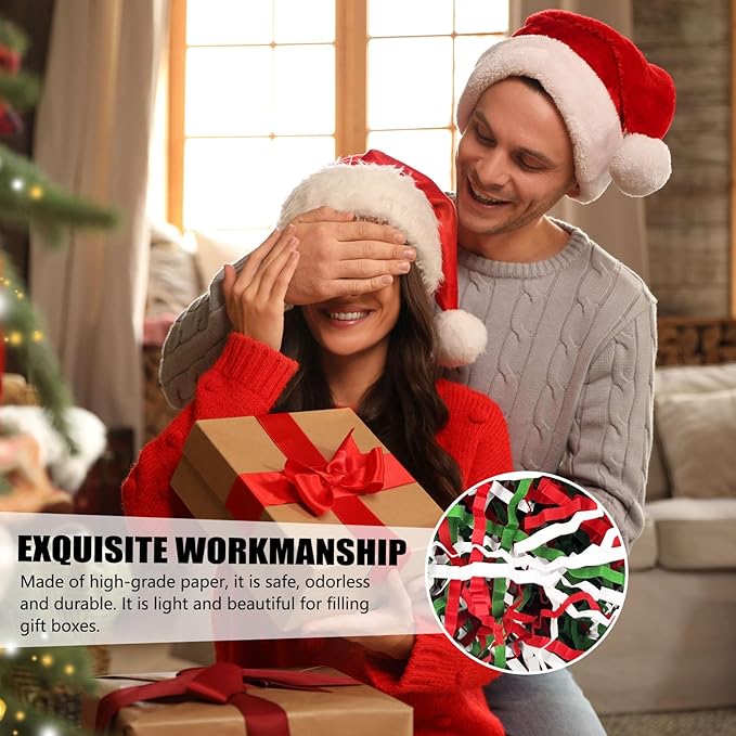 1 LB Red Green White Crinkle Cut Paper Shred Filler Great for Gift Wrapping, Basket Filling, Birthday, Wedding, Halloween, Thanksgiving, Christmas Day, New Year Party Decorations Filling Supplies