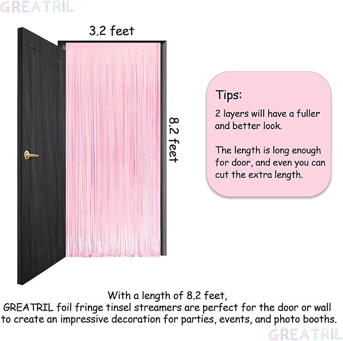 Pink and Blue Party Photo Backdrop - GREATRIL Foil Fringe Tinsel Streamers for Pastel/Easter/Birthdays Party Decorations - 3.2ft X 8.2ft - 2 Packs