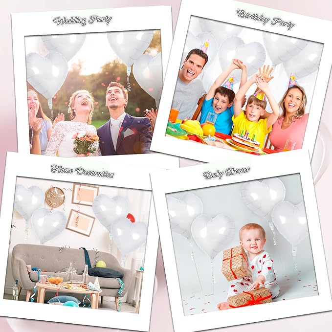 24 White Heart Balloons, 18 inch Heart Shape Foil Balloons for Love, Valentine, Birthday, Wedding, Engagement, Baby Shower & Valentine Day Decorations