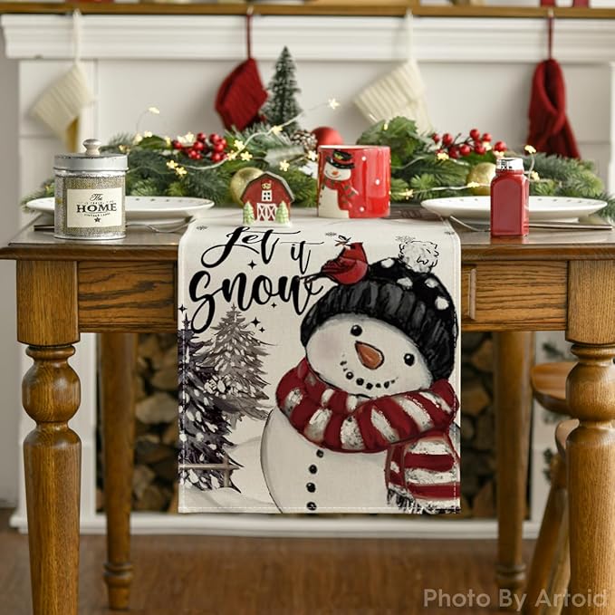 Artoid Mode Xmas Trees Let It Snow Black Snowman Christmas Table Runner, Seasonal Winter Holiday Kitchen Dining Table Decoration for Home Party Decor 13x108 Inch