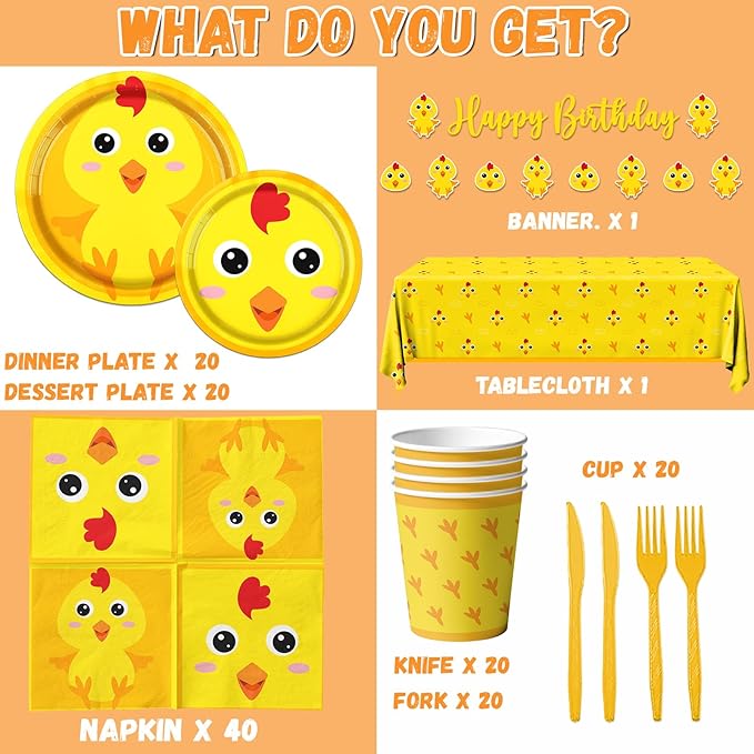 Chicken Farm Tableware Decoration, 142pcs Yellow Chick Theme Birthday Plates and Napkins Supplies