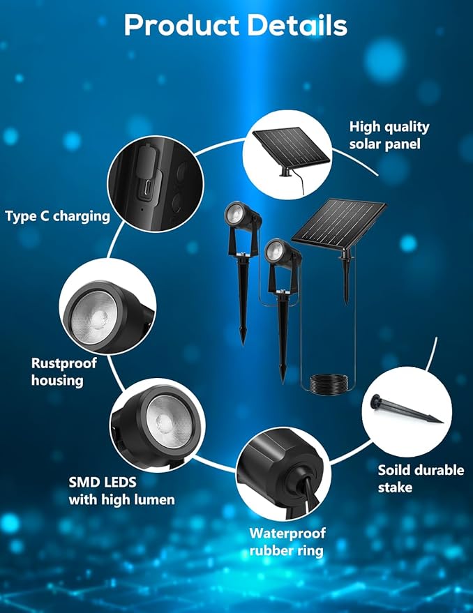 Zyan Solar Landscape Spotlights Outdoor, Auto On/Off, 3 Monocrystalline Panels & USB-C Powered 16200mAh Dusk to Dawn Lighting IP65 Waterproof Warm White LED Spot Lights for Yard Pathway Trees 12 Pack