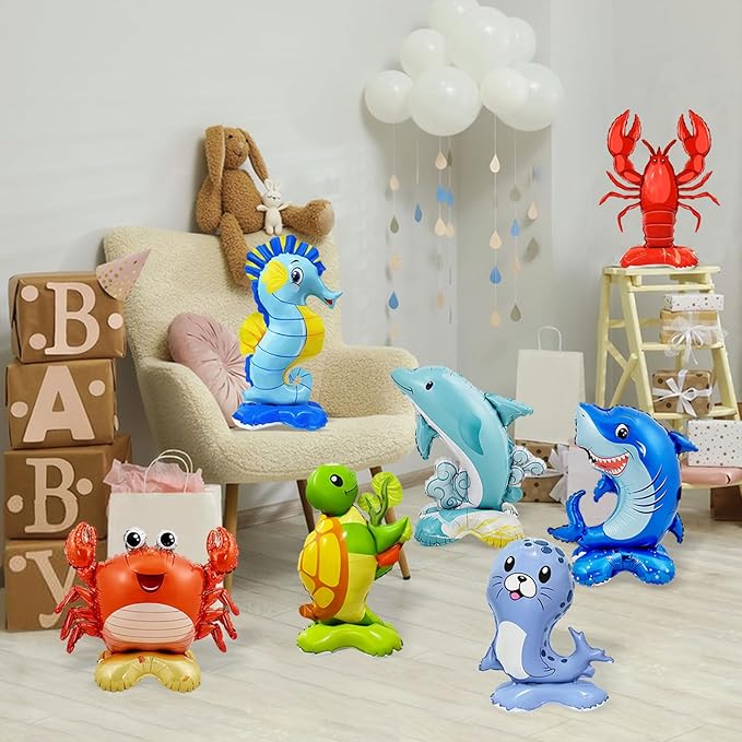7 Pcs Ocean Animal Balloons - Standing Turtle Seahorse Dolphin Shark Crab Lobster Sea Lion Foil Balloons for Under The Sea Themed Party Decorations