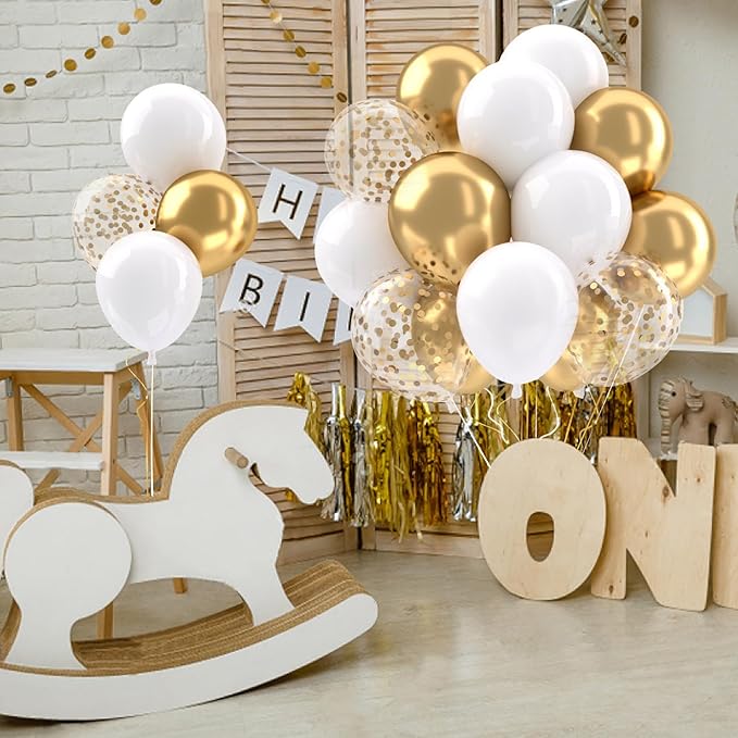Patimate White and Gold Balloons Set, 50 pcs 12 inch Metallic Gold White Gold Confetti Latex Balloons Kit for Birthday Engagement Wedding Anniversary Party Decorations
