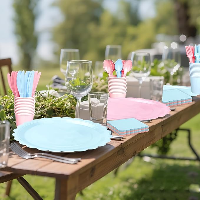 416 Pcs Pink And Blue Party Supplies - For 52 Guests Paper Plates And Napkins Knives Spoons Forks Cups - Disposable Small Scalloped Dinner Party Set Cutlery - For Baby Shower Bridal Shower Wedding
