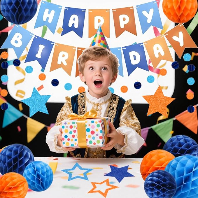 Pre-Strung Happy Birthday Decorations for Boys Men Women, Orange Blue Birthday Banner with Honeycomb Balls, Stars Hanging Swirl Streamers, Circle Dots Garland