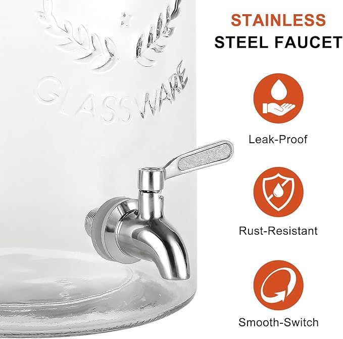 1.5 Gallon Glass Drink Dispenser with Stand – Large Beverage Dispenser with Stainless Steel Spigot, Chalkboard Tags & Marker – Glass Water Dispenser for Fridge, Parties, Weddings and Home Use,Silver