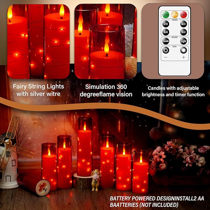 Flameless LED Candles with Timer 24 Pc Flickering Flameless Candles for Romantic Ambiance and Home Decoration Stable Acrylic Shell,with Embedded Star String,Battery Operated Candles(Red)