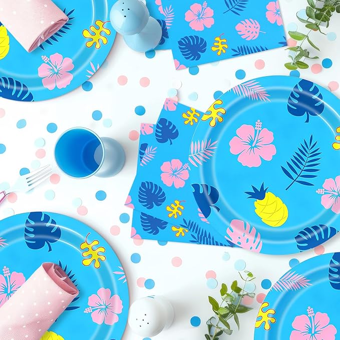 40Pcs Hawaiian Birthday Party Decorations Plates and Napkins Blue Cartoon Hawaiian Themed Party or Baby Shower Supplies Set for 20 Guests