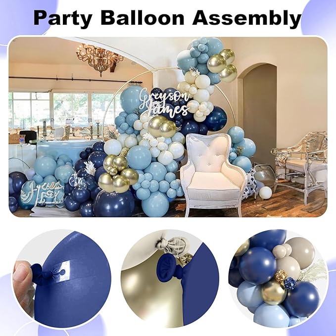 Navy Blue Balloon Arch Kit, Dusty Light Blue Gold Balloon Garland White Sand Cream Metallic Gold Balloons for Wedding Bridal Baby Shower Gender Reveal Graduation Birthday Party Decorations Supplies
