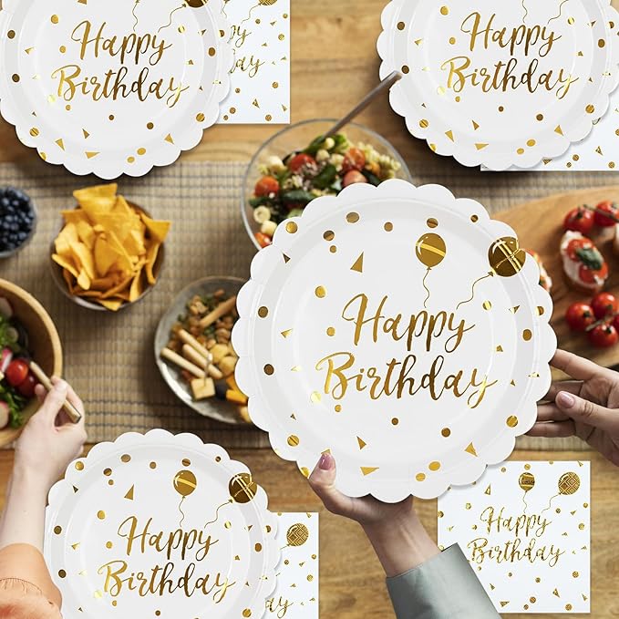 50PCS Happy Birthday Paper Plates and Napkins - 7 Inch Birthday Cake Plates Scalloped White and Gold Dessert Plates and 6.5 Inch Napkins Disposable Tableware Set, Serves 25
