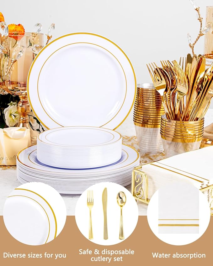 GATHER 350PCS White and Gold Plastic Plates - Disposable Plastic Dinnerware Set Include 50 Dinner Plates, 50 Dessert Plate, 150 Silverware, 50 Napkins, 50 Cups for Party & Wedding & Thanksgiving