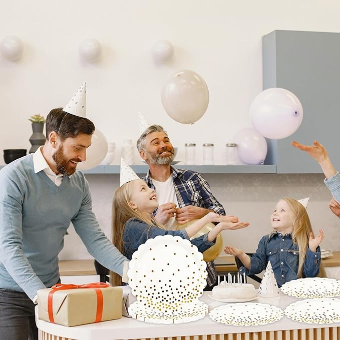 90PCS White and Gold Paper Plates Napkins Party Supplies,7Inch Scalloped Gold Dot Paper Dessert Plates and Napkins Set Disposable Birthday Cake Plate Tableware Party Supplies for Wedding