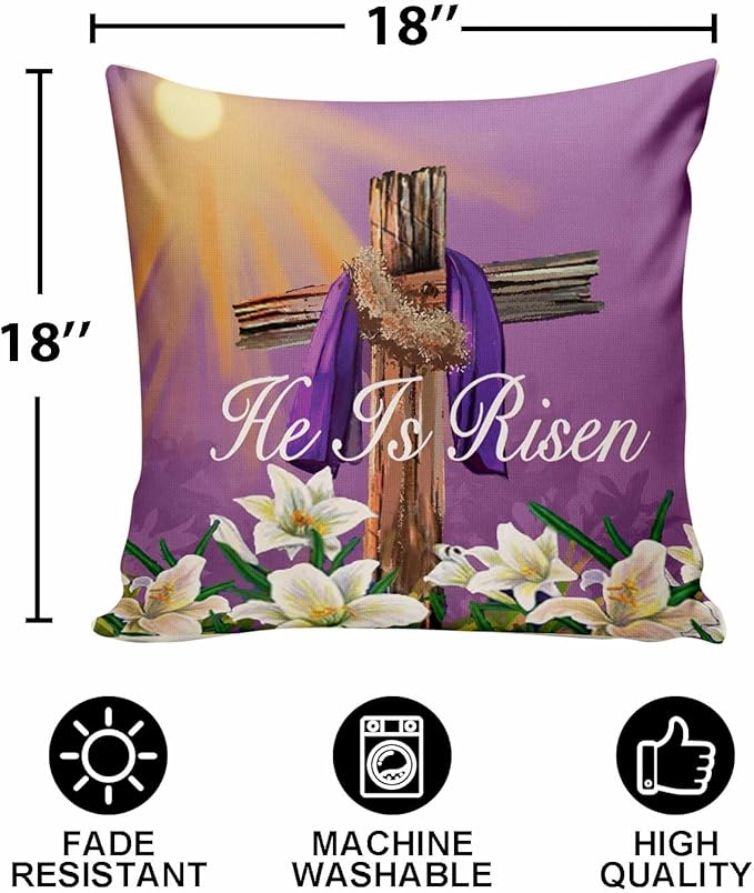 He is Risen Throw Pillow Cover Religious Easter Cross Jesus Lily Pillow Cover,Easter Spring Lily Pillow Covers Home Decorative Sofa Pillow Case 18x18 Inch