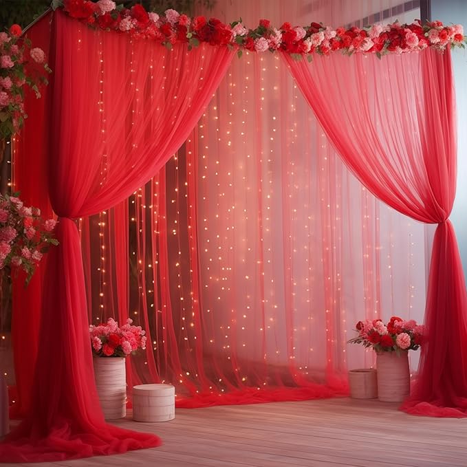 20ft x 10ft Red Backdrop Curtain with Lights String for Parties, Sheer Tulle Wedding Photo Backdrops Drapes for Baby Shower Birthday Party Decorations Background for Photography