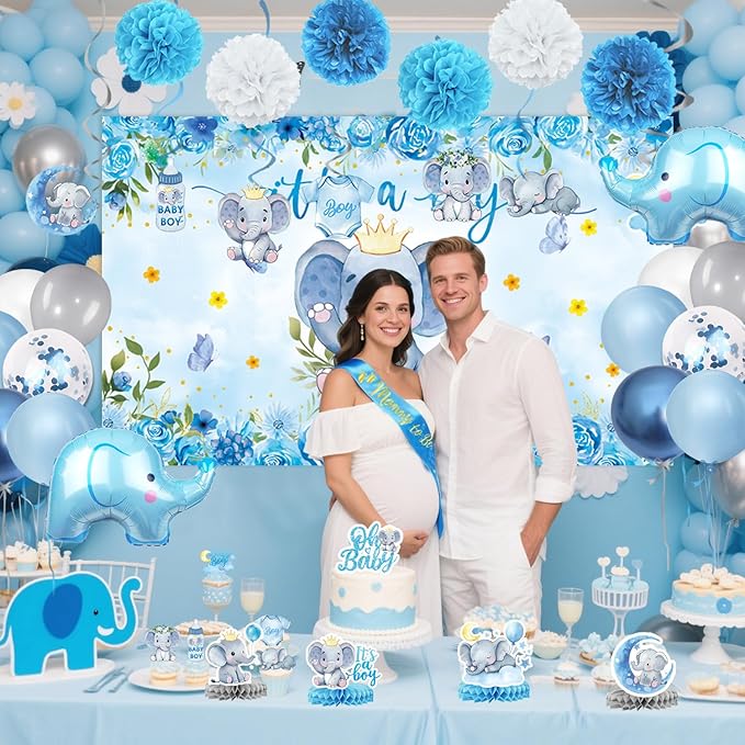 Elephant Baby Shower Decorations Banner, It's a Boy Backdrop, Foil & Latex Balloons, Mommy to Be Sash, Cake & Cupcake Toppers, Honeycomb Centerpieces, Hanging Swirls for Boy Baby Shower Decorations