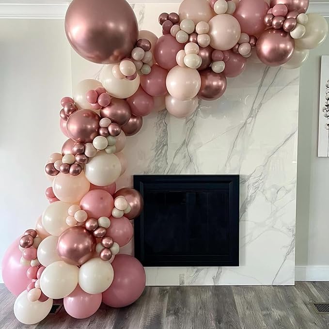 Dusty Pink Balloons, Blush Light Pink Double Stuffed Pearl White Metallic Chrome Rose Gold Balloons for Women Girls Birthday Party Boho Wedding Engagement Bridal Shower Baby Shower Decoration
