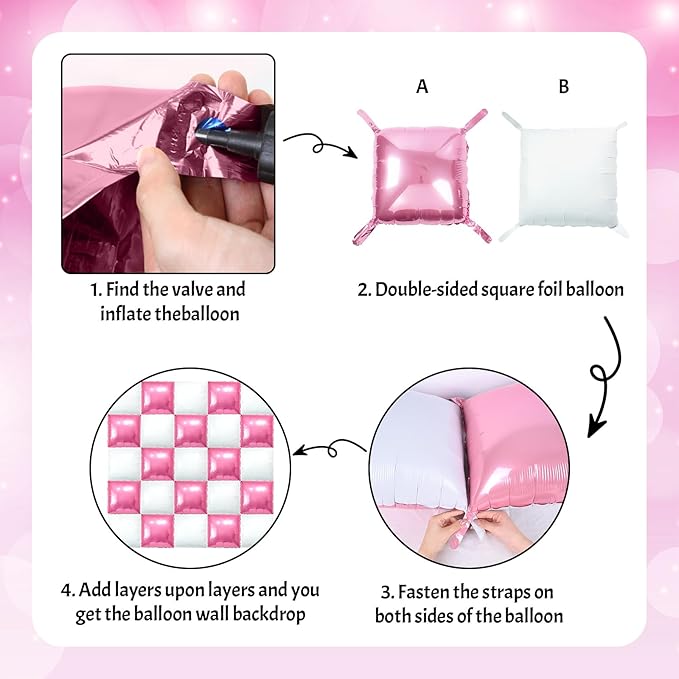 Pink and White Square Balloon, 20 PCS Double Sided Foil Balloons Wall Flat Square Balloon Backdrop for Girls Coquette Birthday Decoration Bridal Baby Shower Party Decoration