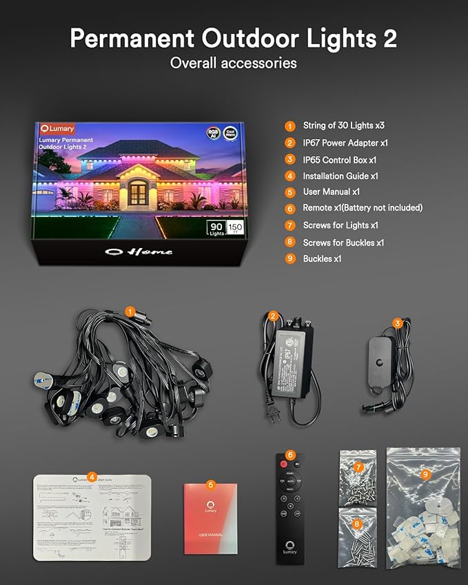 Lumary Permanent Outdoor Lights 2 with Remote, Slide Base, 150ft with 90 RGBAICW LEDs for Daily and Accent Lighting, 110+ Scenes for Christmas Decor, Work with Alexa Google, Black