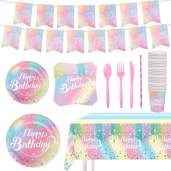 Rainbow Birthday Plates Napkins Sets Pink Birthday Party Supplies Glitter Diamond Plates,Rose Gold Disposable Birthdays Dinnerware Sets Unicorn Girls Party Plates with Tablecloth Cup Banner Serve 24