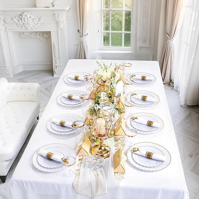 YOUBET 350PCS Gold Scalloped Plastic Plates - White and Gold Disposable Dinnerware Set Include 100 Plates, 150 Gold Silverware, 50 Cups, 50 Napkins for Wedding & Party & Thanksgiving