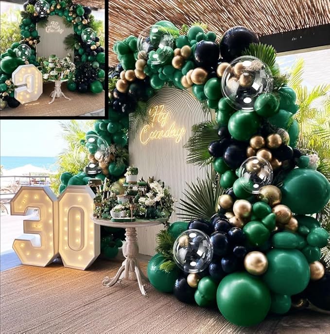 Dark Green Black Balloon Arch Double Stuffed Emerald Hunter Green Black Gold Balloon Garland Kit for Birthday Baby Shower Christmas New Year Wedding Bridal Jungle Graduation Party Decor