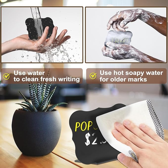 PigPotParty 12 Pcs Food Labels for Party Buffet w/Cleaning Spray, 4"x3" Mini Chalkboard Signs Include 2 Liquid Chalk Markers for Food Display - Food Tags- Table Palce Card (Waved Shape)