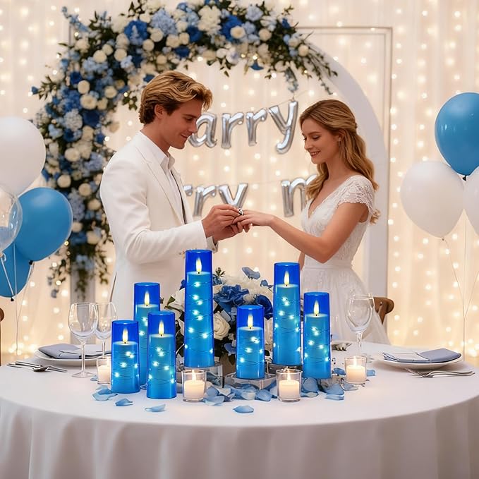 Raycare Flameless Candle with Remote Timer – 9 Flickering Acrylic Battery Operated LED Pillar Candles with Embedded Star String for Christmas, Home Decor, and as a Gift (Blue)