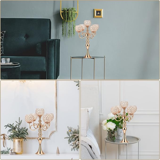 2 Pack 5 Arm Crystal Candelabra Centerpieces 21.5 Inch Tall Candle Holder Table Candelabra Stand with Crystal Candle Holder Bowl for Home Wedding Anniversary Dinner Party Table Decoration (Gold)