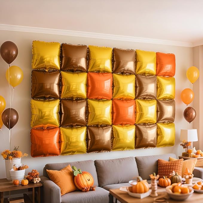 NISOCY 48PCS Orange Gold Brown Square Foil Balloons Wall Backdrop Metallic Autumn Fall Balloons Arch Kit for Thanksgiving Friendsgiving Birthday Halloween Baby Shower Fall Color Party Decorations