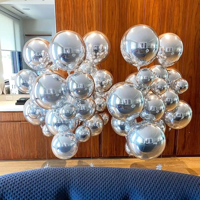 6 Pack Silver 22 Inch 4D Foil Balloons Big 360 Degree Round Sephere Mylar Balloons Mirror Finish Metallic Balloons for Wedding,Birthday,Bachelorette,Baby Shower Decorations Party Supplies