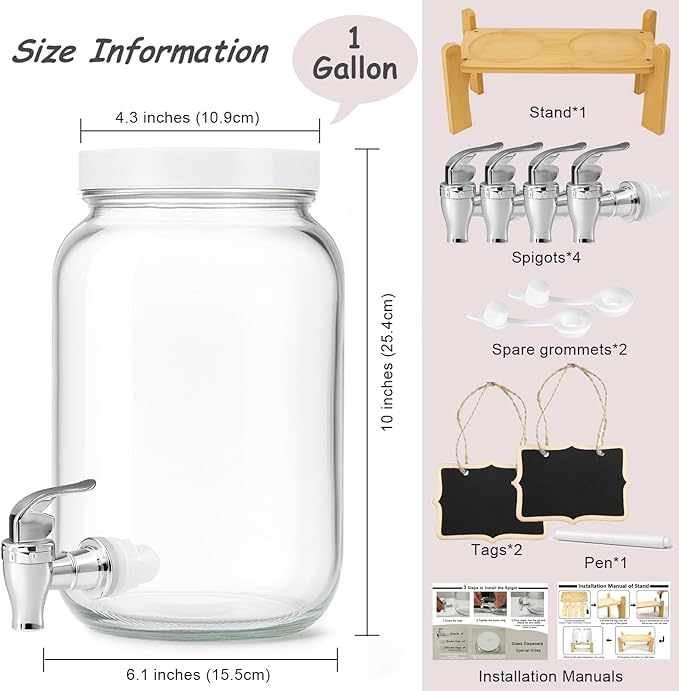 1 Gallon Large Glass Drink Dispensers with Stand for Parties, Glass Iced Beverage Dispensers with Spigot, Reusable Water Dispenser Countertop (2 Pack)