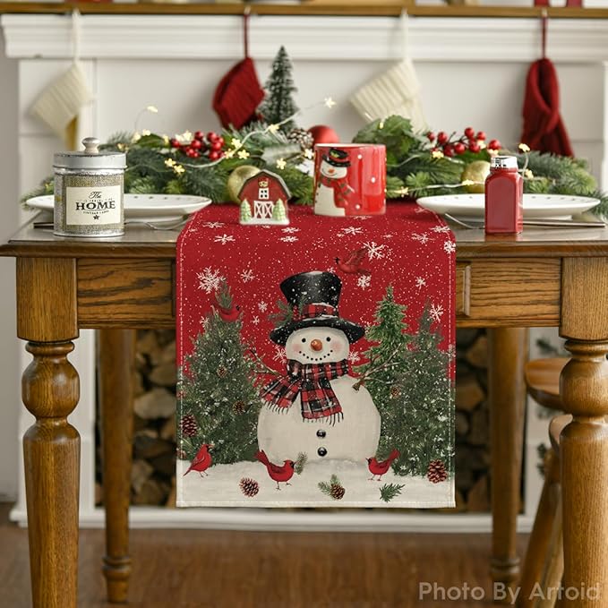 Artoid Mode Snowman Christmas Birds Trees Table Runner, Seasonal Winter Xmas Holiday Kitchen Dining Table Decoration for Indoor Outdoor Home Party Decor 13 x 72 Inch