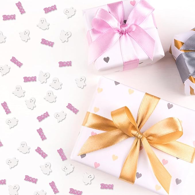 120pcs Baby Boo Confetti, Ghost Paper Scatter, White&Pink Glitter Little Boo Table Scatter for Girl, Halloween Theme Baby Shower/First Birthday Party Decoration