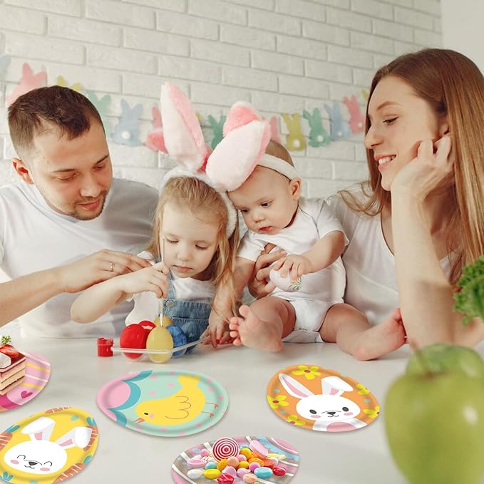 48Pcs Easter Supplies for 48 Guests - Easter Disposable Paper Plates Bunny for Kids Baby Shower Spring Table dinnerware Decorations