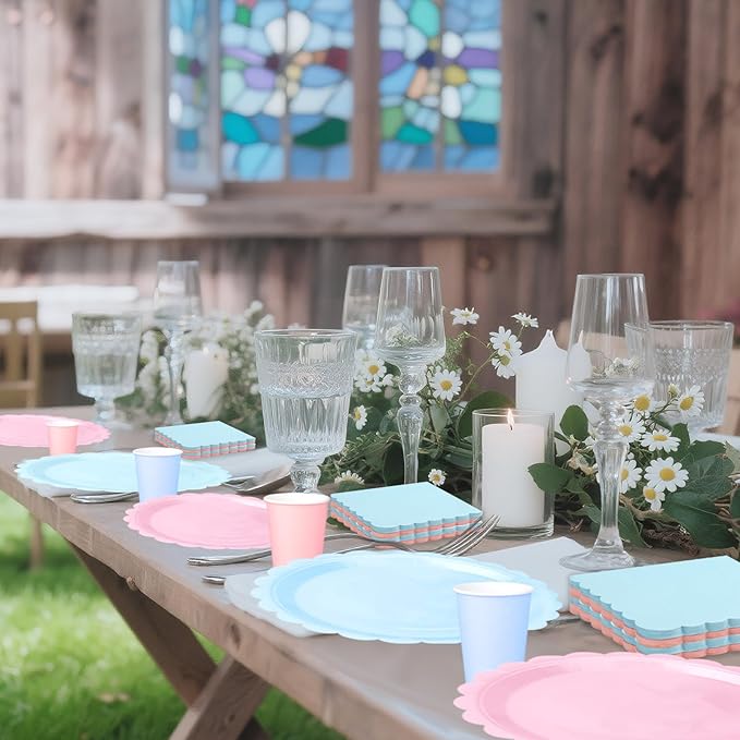 260 Pcs Blue And Pink Party Supplies - For 52 Guests Paper Plates And Napkins/Cups - Disposable Small Scalloped Dinner Party Set Cutlery - For Bbq Baby Shower Bridal Shower Wedding
