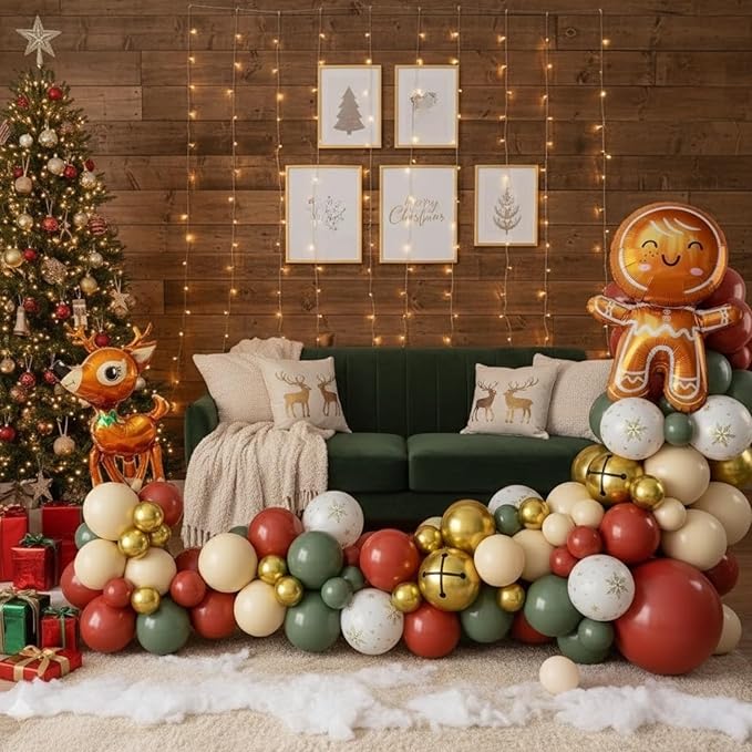 Christmas Balloon Arch Kit, Green Retro Pink Orange Sage Green Metallic Gold Balloons with Santa Candy Lollipop Foil Balloons for Christmas Party Xmas Eve New Year Holiday Party Decorations