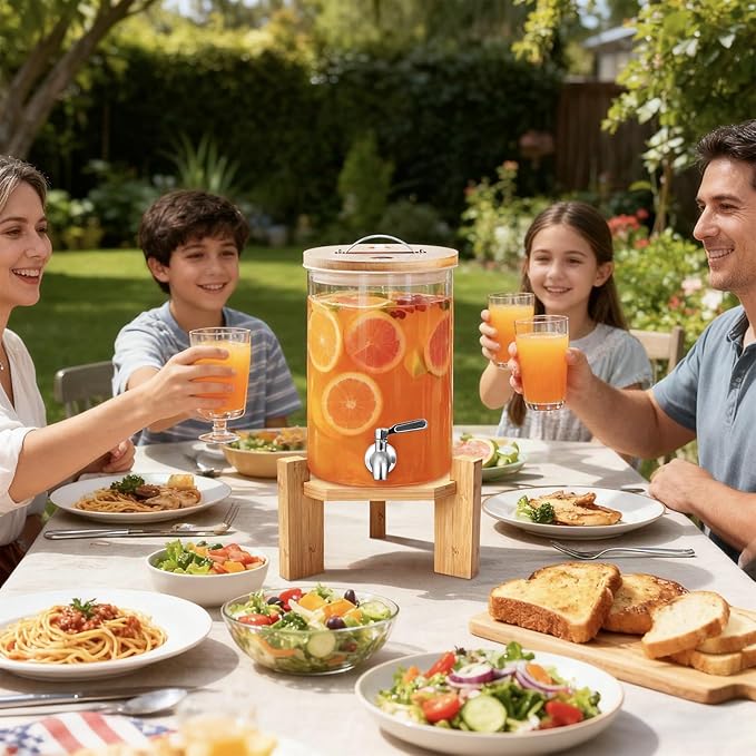 2.1 Gallon Drink Dispenser,Glass Beverage Dispenser With Wood Stand,Large Water Drink Dispensers for Parties with Anti-blocking Spigot,Christmas Party Drink Dispenser for Lemonade,Juice, Iced Tea