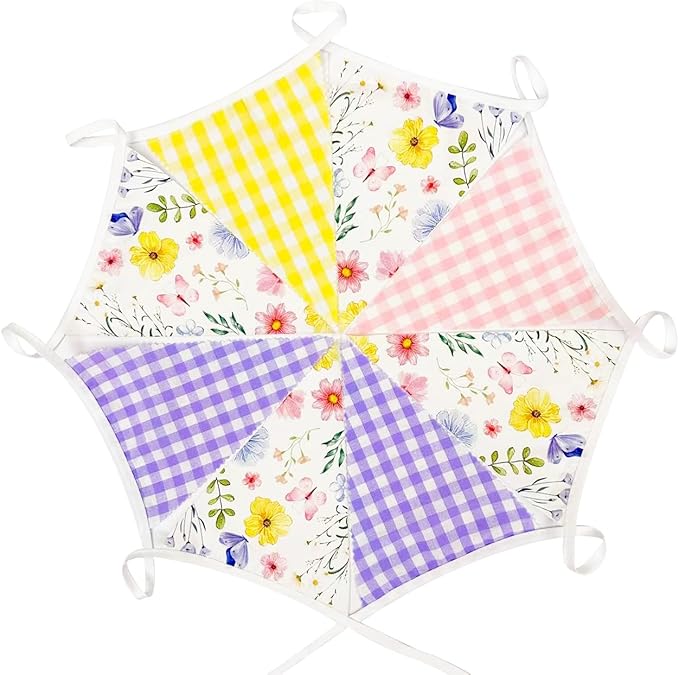 32Ft Wildflower Party Decorations Pink Purple Yellow Gingham Plaid Flowers Pennant Floral Banner Fabric Triangle Flag Garland Streamers for Easter Spring Summer Birthday Baby Shower Picnic Party Decor